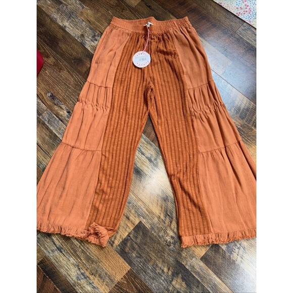 Umgee Size S Beige Frayed Hem Wide Leg Cropped Pull On Pants Linen Blend - Picture 1 of 6